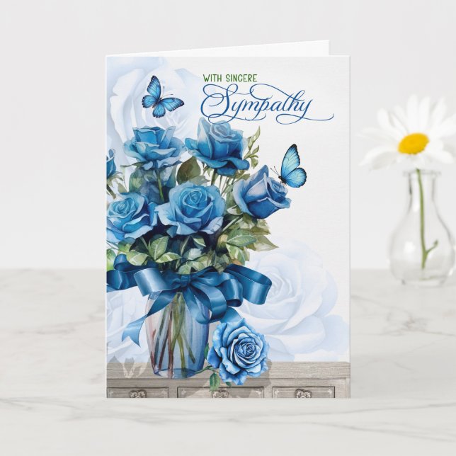 Cartão Vase of Blue Roses with Butterflies Sympathy (Planta pequena)