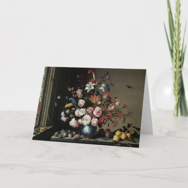 Cartão Vase of Flowers by a Window, Balthasar van der Ast (Frente)