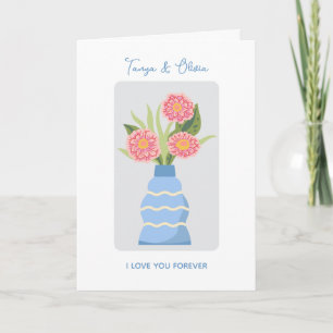 Cartão Vaso azul caprichoso com ilustração de flores cor-