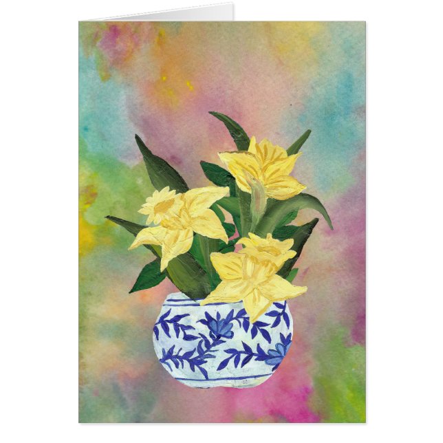 Cartão Vaso azul e branco com daffodils (Frente)