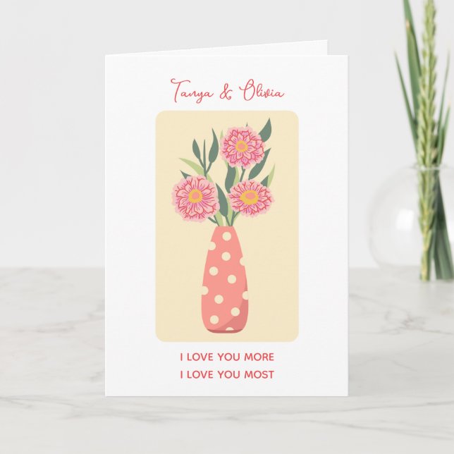 Cartão Vaso caprichoso com bolinhas e flores cor-de-rosa (Frente)