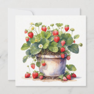 Cartão Vaso de aquarela com plantas de morango