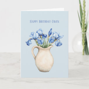 Cartão Vaso de Creme Flores de Íris Roxa Aniversário