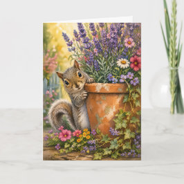 Cartão Vaso de Flor Esquilo Peekaboo Aquarela em Branco 