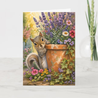 Cartão Vaso de Flor Esquilo Peekaboo Aquarela em Branco