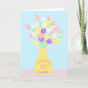 Cartão vaso de flores rosa e roxo de 90 anos