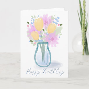 Cartão Vaso Floral de Aquarela 'Feliz Aniversário' para M