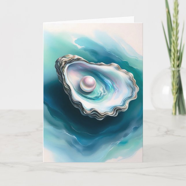 Cartão Vazio de Pérolas Iridescentes de Ostras de Aquarel (Frente)