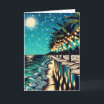 Cartão Vazio Romântico de Arte Costeira Bonito<br><div class="desc">Bonito cartão de vazio da costa romântica. Ai arte representando uma fileira de palmeiras com luzes brancas iluminadas sobre elas. Uma bonito reflexão sobre a praia e as ondas arenosas.</div>