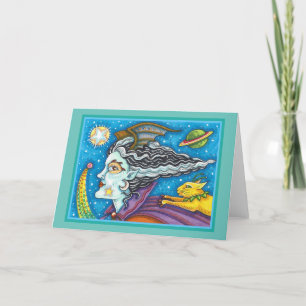 CARTÃO VAZIO SCI FI SPACE WITCH & COMET CAT HALLOWEEN