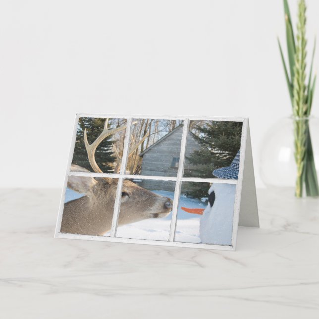 Cartão Veado de Natal e boneco de neve na janela (Frente)