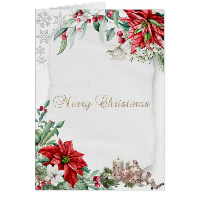 Cartão Vela de Natal, Flocos de Neve, Poinsettia Natal (Frente)