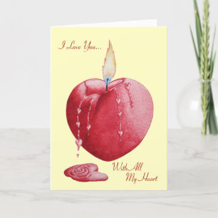 Cartão vela em forma de coração queimando com amor verso