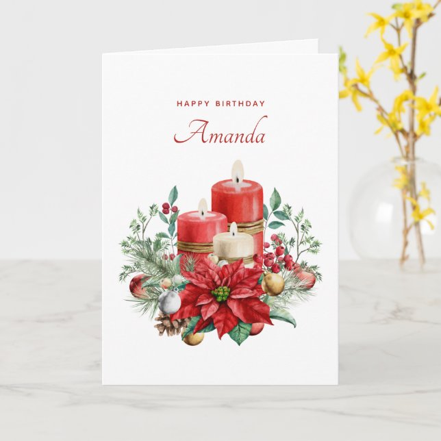 Cartão Velas bonito e Buquê Poinsettia Aniversário (Flor Amarela)