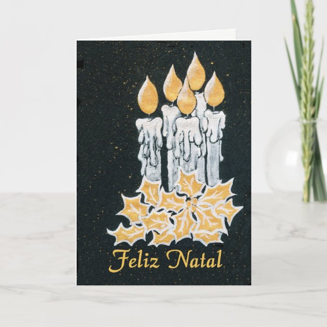 Cartão Velas do Natal e azevinho, cumprimento português (Frente)