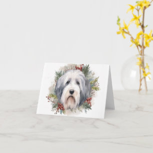 Cartão Velha Inglês Sheepdog Christmas Wreath Festivo Pup