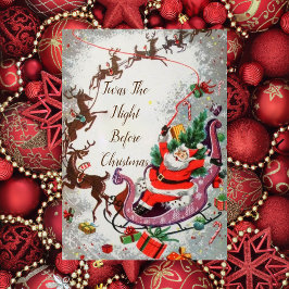 Cartão Velha Vintagem Vermelha Santa Claus Voando Reinded