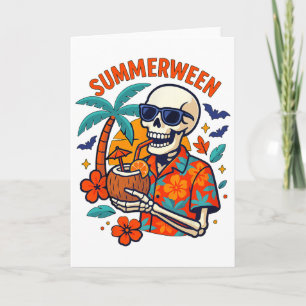 Cartão Verão de Halloween Esqueleto Assustador Férias Flo