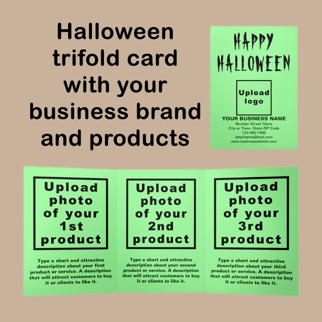Cartão verde claro para o Dia das Bruxas Comerciai (Halloween light green trifold card with your business brand and products or services.)
