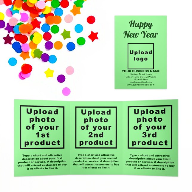 Cartão Verde de Ano Novo para Empresas (New Year greeting, business brand and products on light green trifold card)