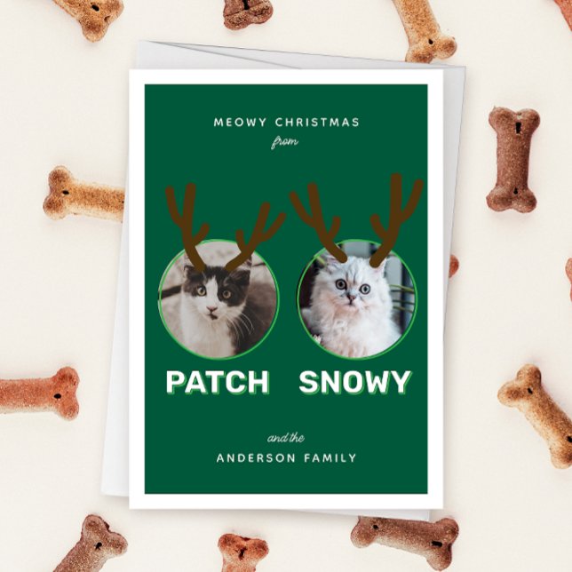 Cartão verde de férias de Natal com imagens de 2 p (Green folded two photo pet Christmas holiday card with message "Meowy Holidays" with antlers)