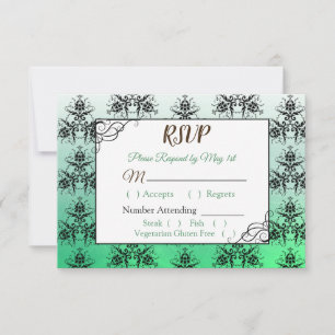 Cartão verde do casamento tema damasco RSVP
