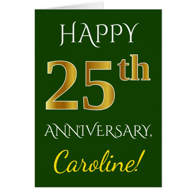 Cartão Verde, Faux Dourado 25 Casamento Aniversário + Nom (Frente)