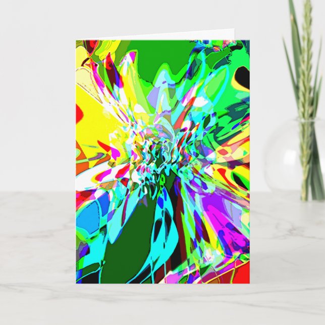 Cartão Verde Sombreado Amarelo Aqua Rosa Fantasia Flor Mo (Frente)