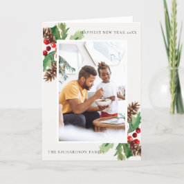CARTÃO VERDE VERDE HOLLY BERRY PINE CONE ANO NOVO FOTO