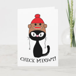 Cartão Verifique Meowt! Gato Preto com Chapéu de Macaco d