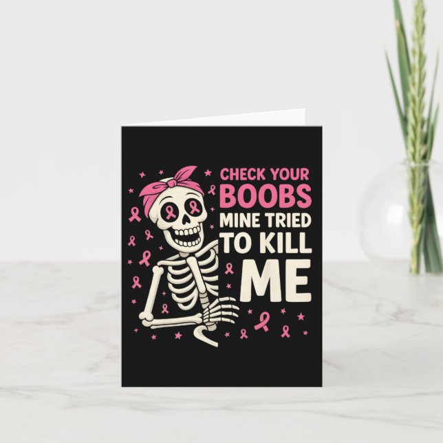 Cartão Verifique Seu Seio no Halloween Fita Rosa Mulheres (Frente)