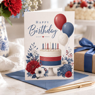 Cartão Vermelho Branco Azul Floral Verão Julho Feliz Aniv