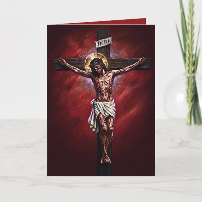 Cartão Vermelho de Páscoa Jesus Crucificado Bendit (Frente)