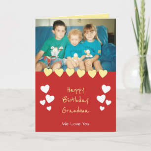 Cartão Vermelho e amarelo com corações e foto