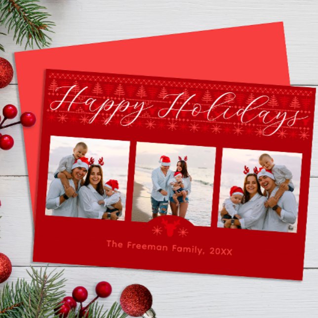 Cartão vermelho nórdico de férias felizes com três (Happy Holidays Family Photo Christmas Card)