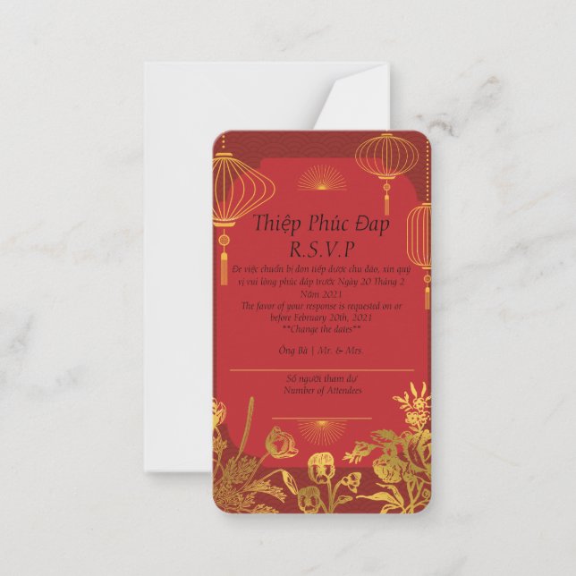 Cartão vermelho R.S.V.P. em inglês/vietnamita (Frente)