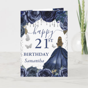 Cartão Vestido Azul Marinho Princesa Loira Aniversário