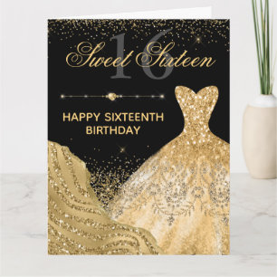 Cartão Vestido com Glitter Dourado Aquarela Aniversário d