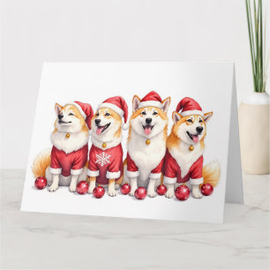 Cartão Vestido de Natal Akita com Chapéu de Papai Noel