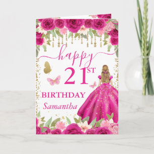 Cartão Vestido Rosa Fúcsia Princesa Loira Aniversário