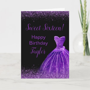 Cartão Vestido Roxo Escuro Faux Glitter Doce 16 Aniversár