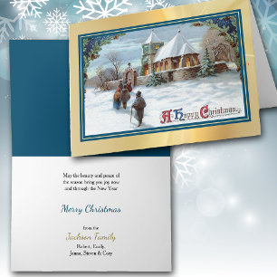 Cartão Vestígios de Natal caminhando até a Igreja Vintage