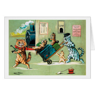 Cartão Viagem do trem de família de gatos, Louis Wain