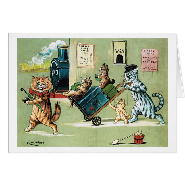Cartão Viagem do trem de família de gatos, Louis Wain (Frente Horizontal)