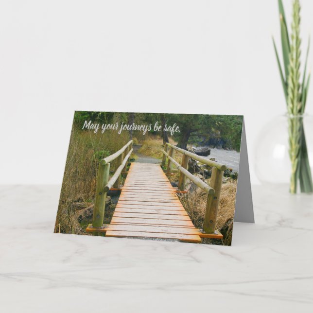 Cartão viagem segura, cena costeira, ponte, novas mudança (Frente)