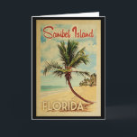 Cartão Viagens vintage da palmeira da ilha de Sanibel<br><div class="desc">Um impressão moderno da arte de Florida da ilha de Sanibel do meio século excepcionalmente retro no estilo do poster das viagens vintage. Caracteriza uma palmeira curvada no Sandy Beach com oceano sob um céu nebuloso azul.</div>