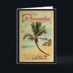 Cartão Viagens vintage de Árvore de Pensacola<br><div class="desc">Uma impressão de arte moderna de Pensacola,  na Flórida,  do século médio,  em estilo viagens vintage. Ele apresenta uma palmeira curva na praia arenosa com oceano sob um céu azul nublado.</div>