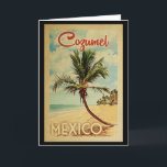 Cartão Viagens vintage de Árvore Palm Cozumel<br><div class="desc">Um impressão de arte do século médio único,  Cozumel México,  no estilo de poster viagens vintage. Ele apresenta uma palmeira curva na praia arenosa com oceano sob um céu azul nublado.</div>