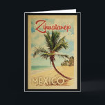 Cartão Viagens vintage de Árvore Zihuatanejo Palm<br><div class="desc">Um impressão de arte moderno Zihuatanejo,  do século médio,  no estilo viagens vintage. Ele apresenta uma palmeira curva na praia arenosa com oceano sob um céu azul nublado.</div>