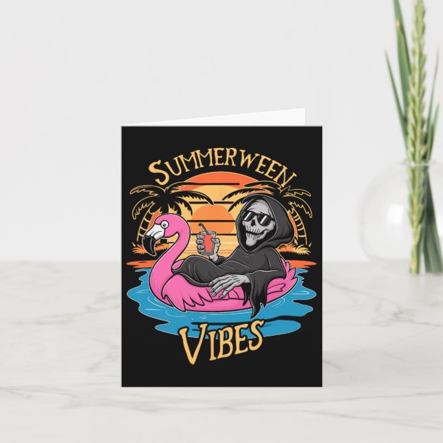 Cartão Vibrações de Summerween Esqueleto Flamingo Assusta (Frente)